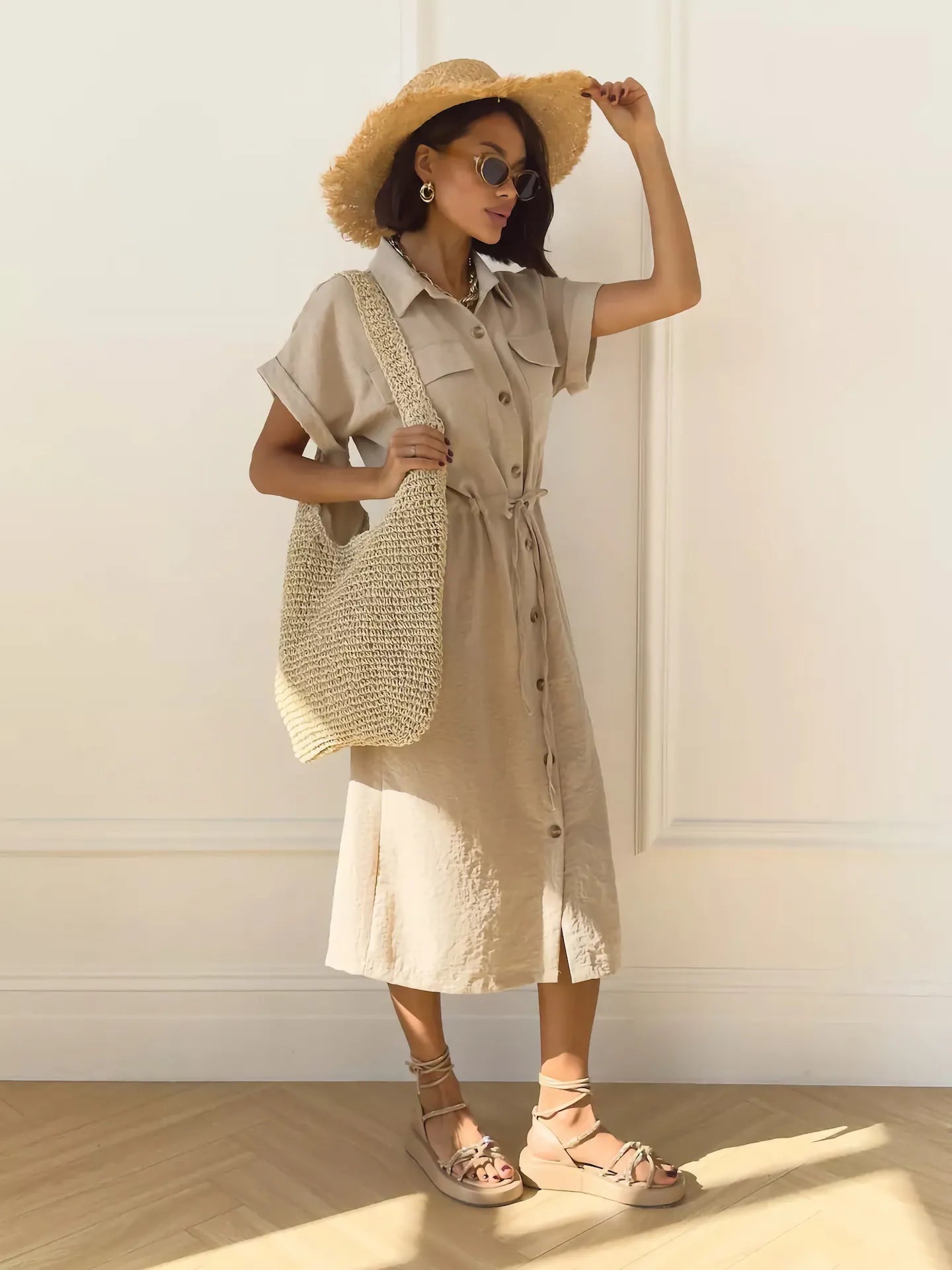Casual Lapel Button Drawstring Waist Cargo Shirt Midi Dress