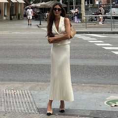 Sleeveless Blazer Vest & Pleated Midi Skirt 2 Piece Set