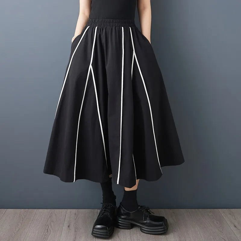 Elastic Waist Striped A-Line Midi Skirt