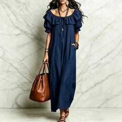 Ruffle Neck Puff Sleeve Maxi Dress