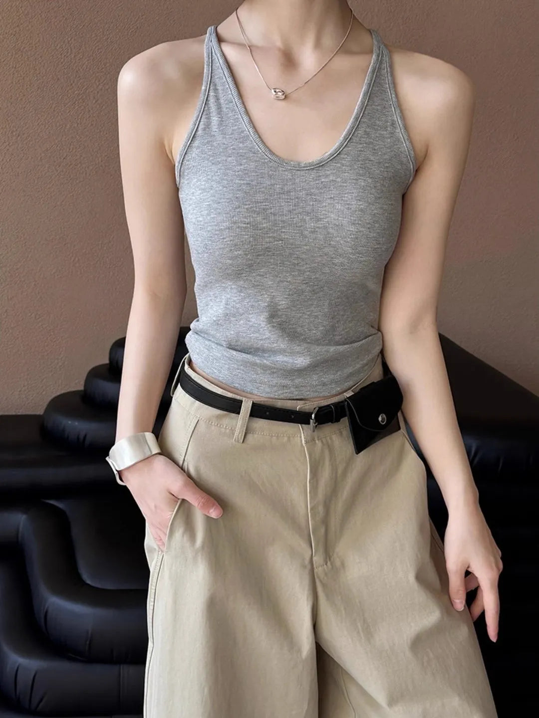 U Neck Thin Strap Ribbed Slim Cami Tank Top