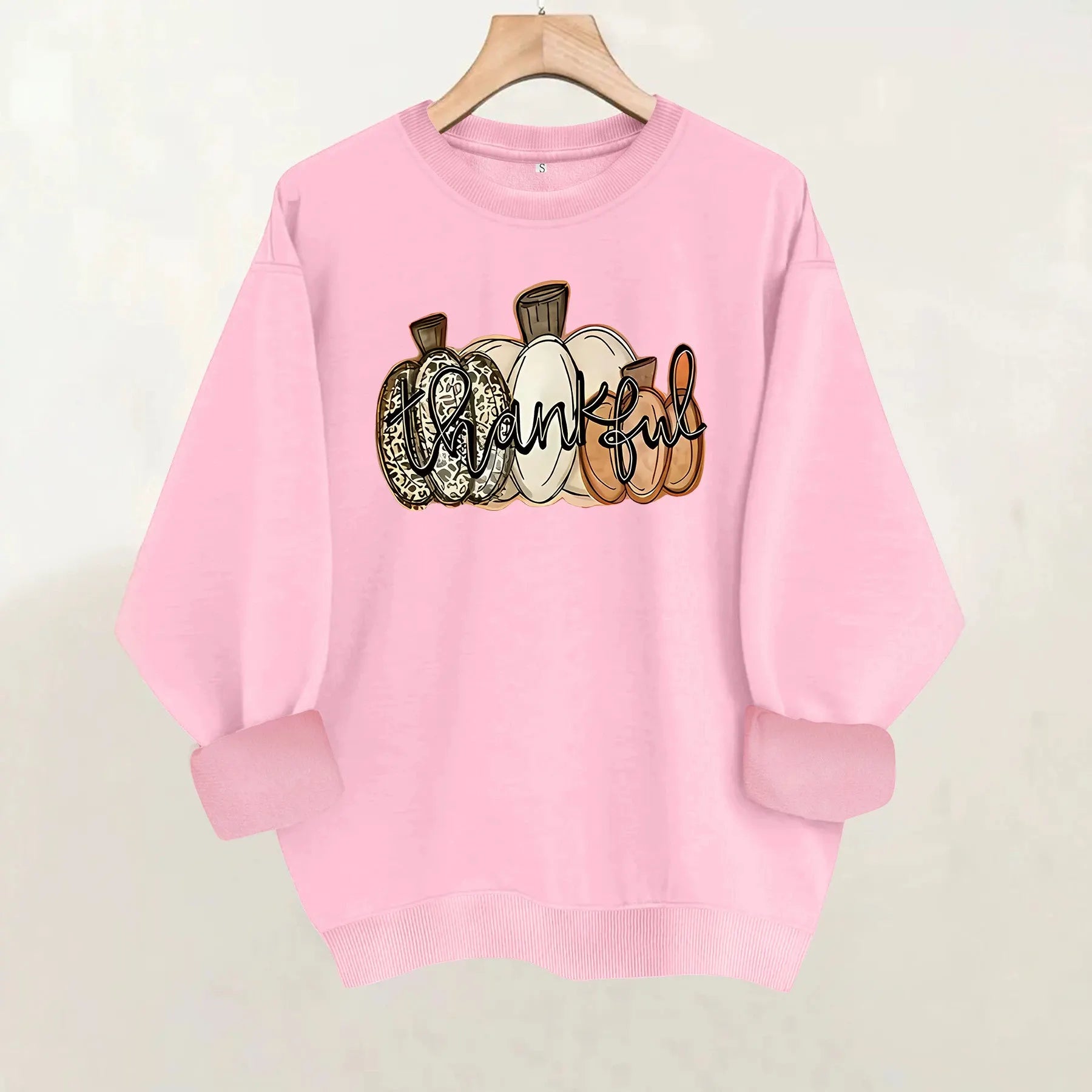 Halloween Thankful Pumpkin Print Round Neck Sweatshirt