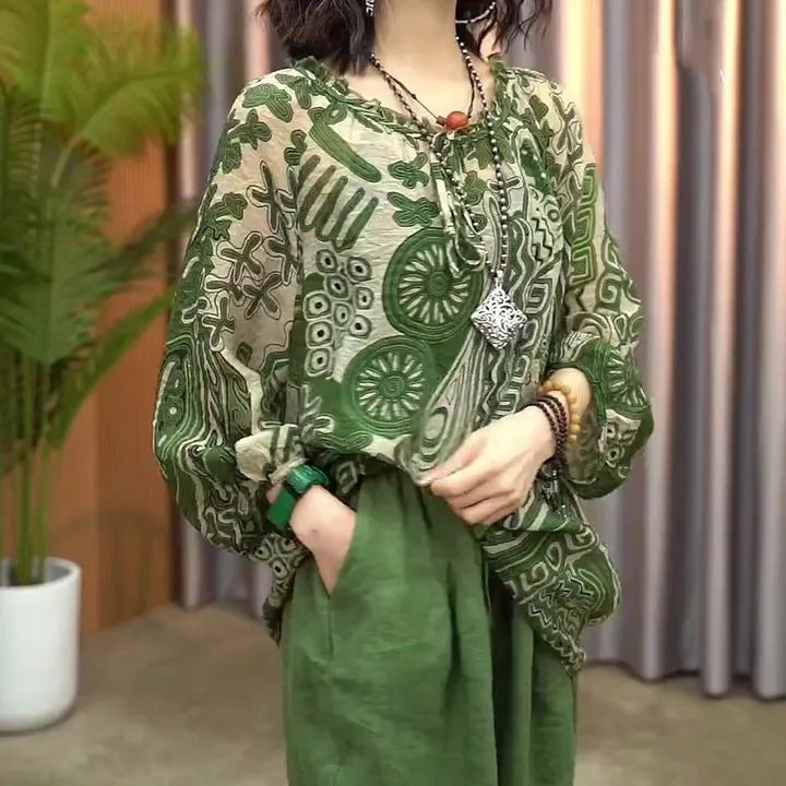 Round Neck Plant Floral Print Loose Long Sleeve Chiffon Commuter Blouse