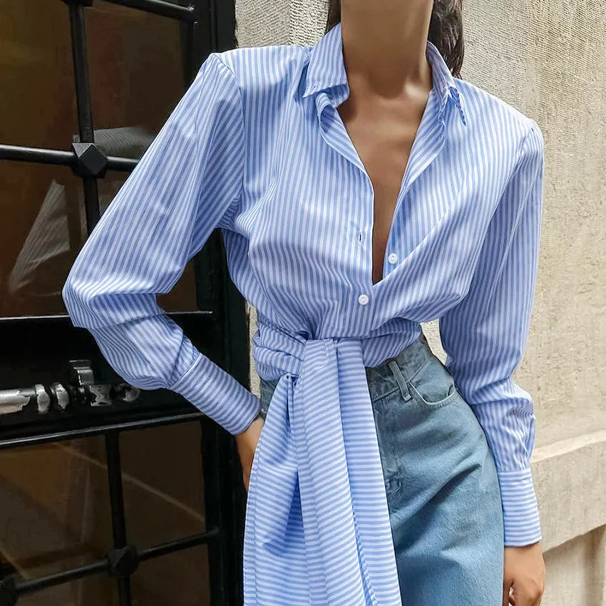 Womne's Striped Wrap Tie Waist Long Sleeve Shirt