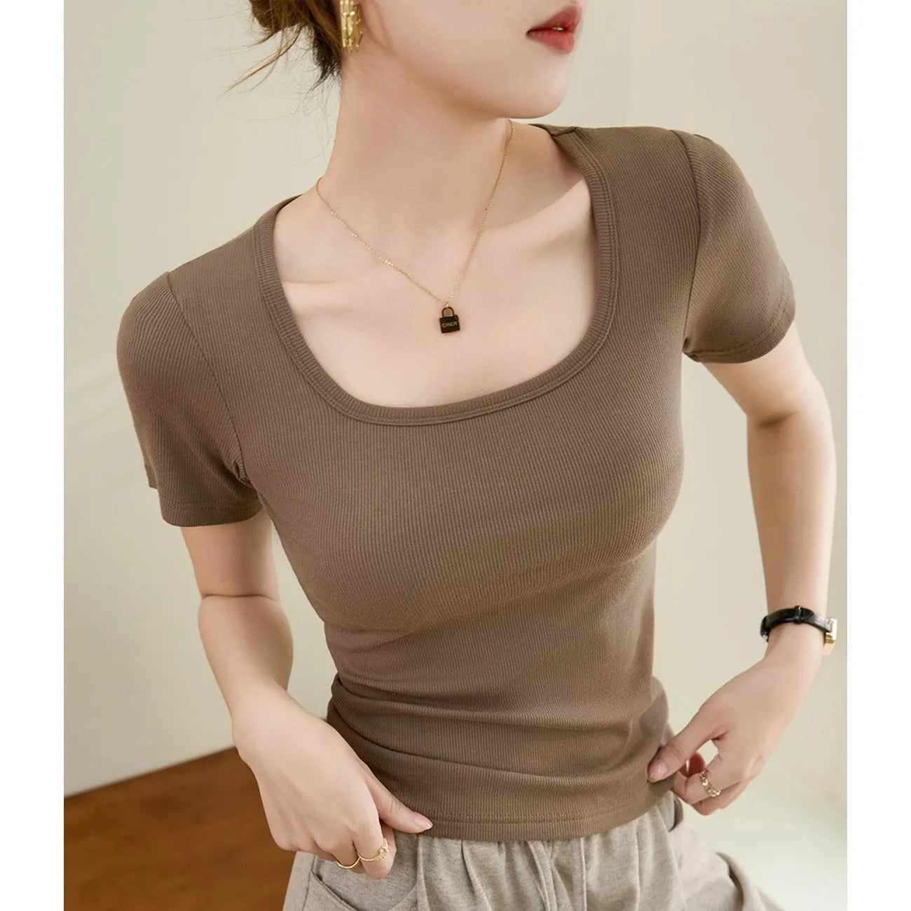 Square Neck Ribbed Short Sleeve T-Shirt,
