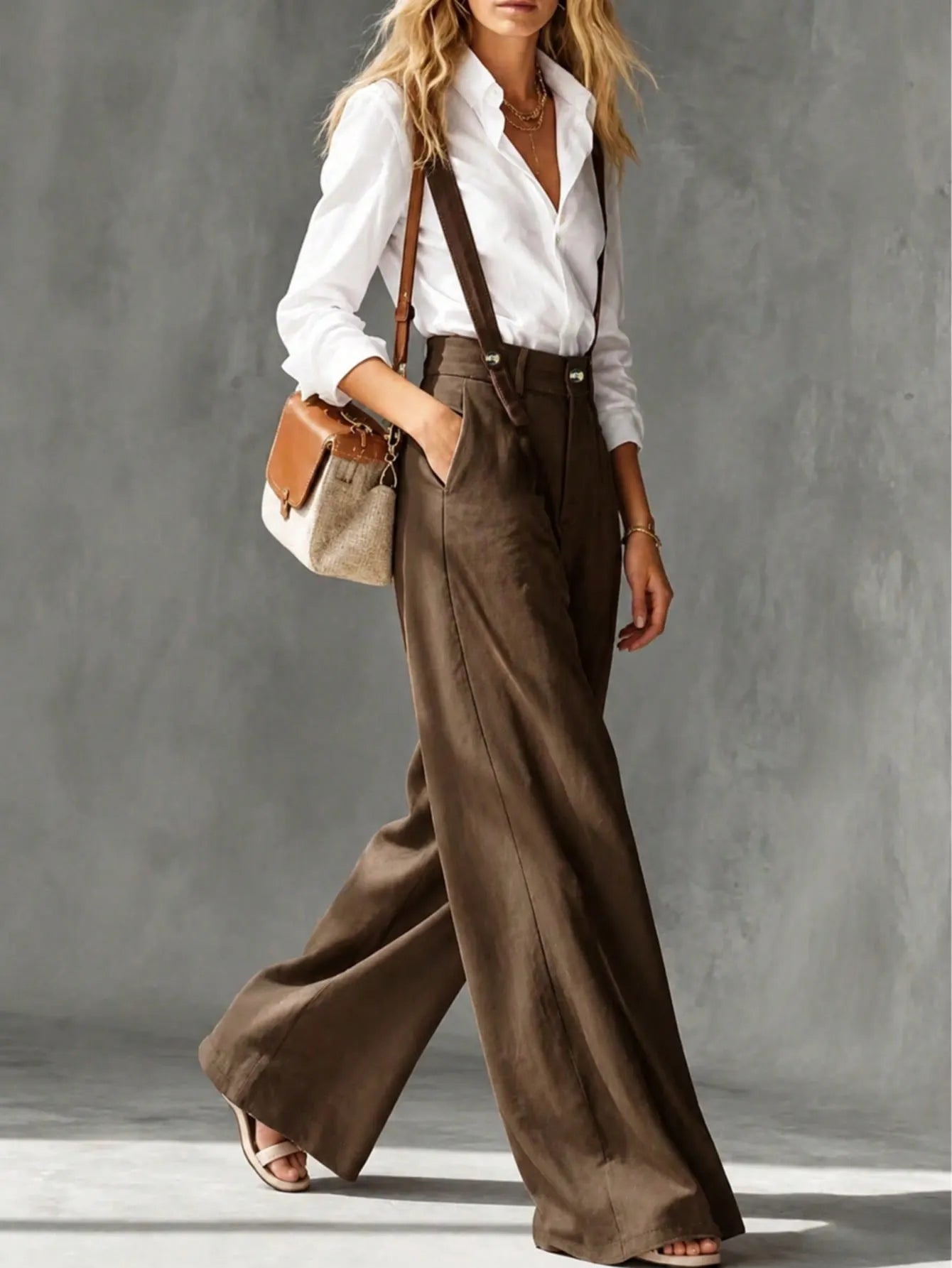 Coffee Brown Suspender Wide Leg Casual Pants