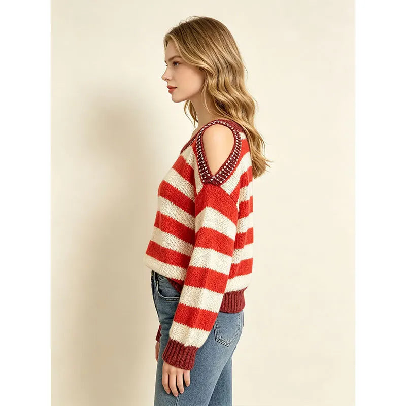 Striped Cold Shoulder Beaded Knit Pullover Sweater