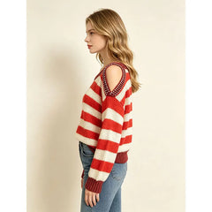 Striped Cold Shoulder Beaded Knit Pullover Sweater