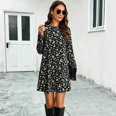 Round Neck Ditsy Floral Long Sleeve A-Line Mini Dress Slim Mid Waist Casual Campus Daily Dress
