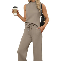 Sleeveless Mock Neck Top & Wide Leg Pants Casual Two-Piece Set