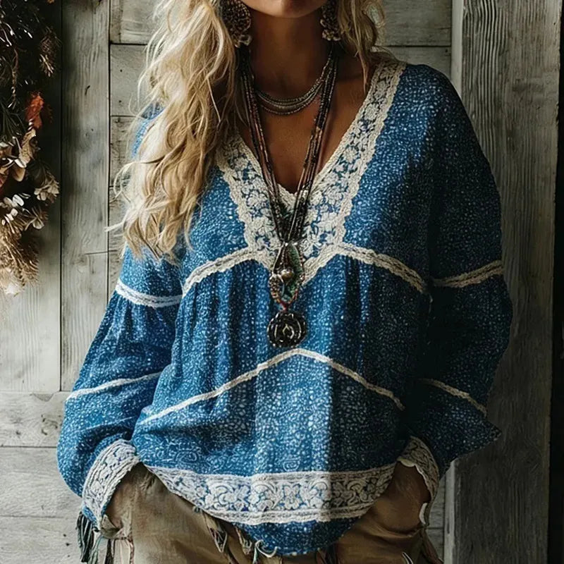 3D Digital Print V-Neck Lantern Long Sleeve Retro Casual Blouse