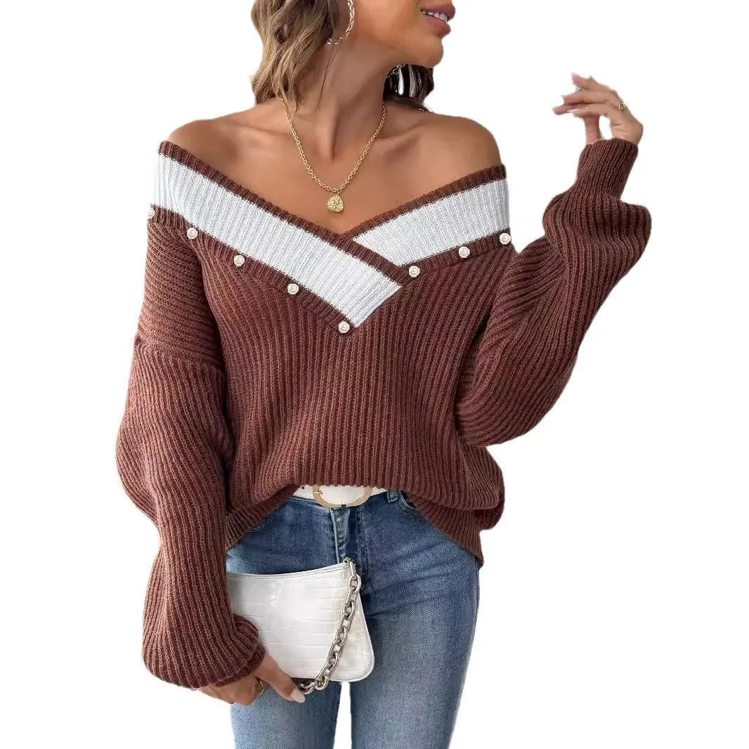 Color Block Beaded Off-Shoulder V-Neck Loose Knit Sweater