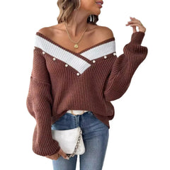 Color Block Beaded Off-Shoulder V-Neck Loose Knit Sweater