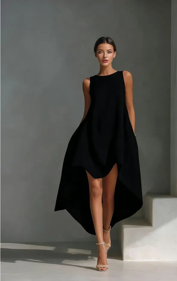 Round Neck Sleeveless High Low Linen Midi Dress