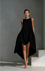 Round Neck Sleeveless High Low Linen Midi Dress
