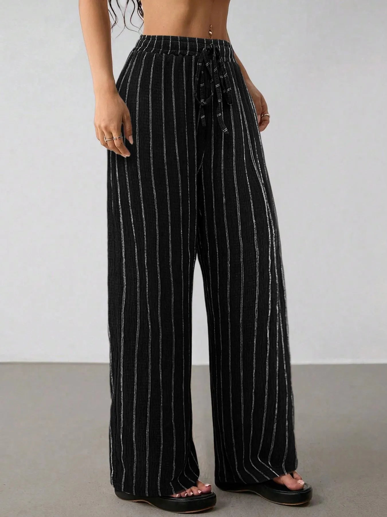 Vertical Striped Elastic Waist Wide Leg Pants
