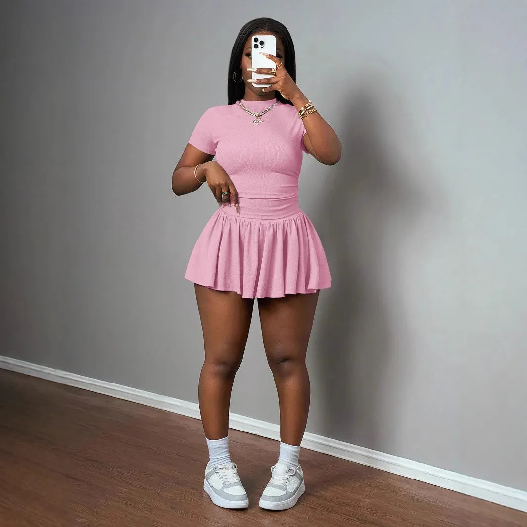 Ribbed Short Sleeve Crop Top & Ruffled Flared Skort Two Piece Set