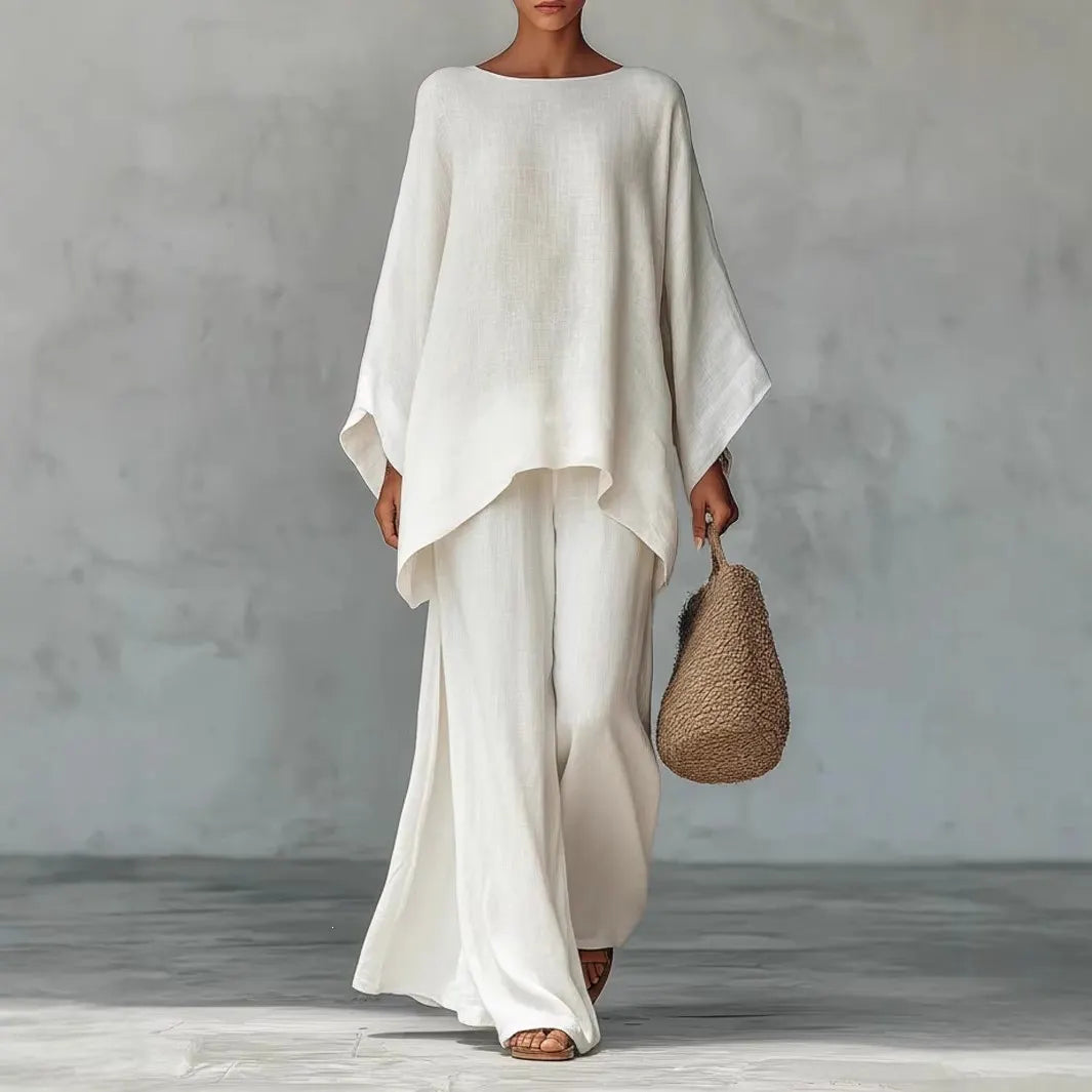 White Linen-Blend Oversized Top & Wide-Leg Pants Set