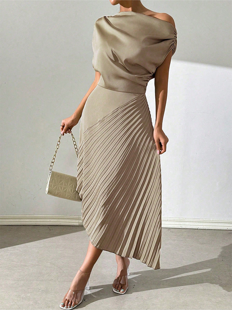 Asymmetric Satin Pleated Midi Dress