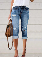 Distressed Ripped Cuffed Capri Jeans Mid Rise Slim Fit Cropped Denim Pants