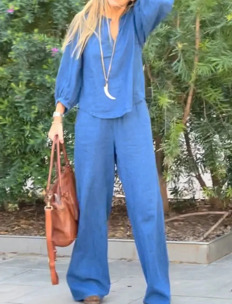 V-Neck Puff Sleeve Top & Wide Leg Pants Solid Two-Piece Casual Set
