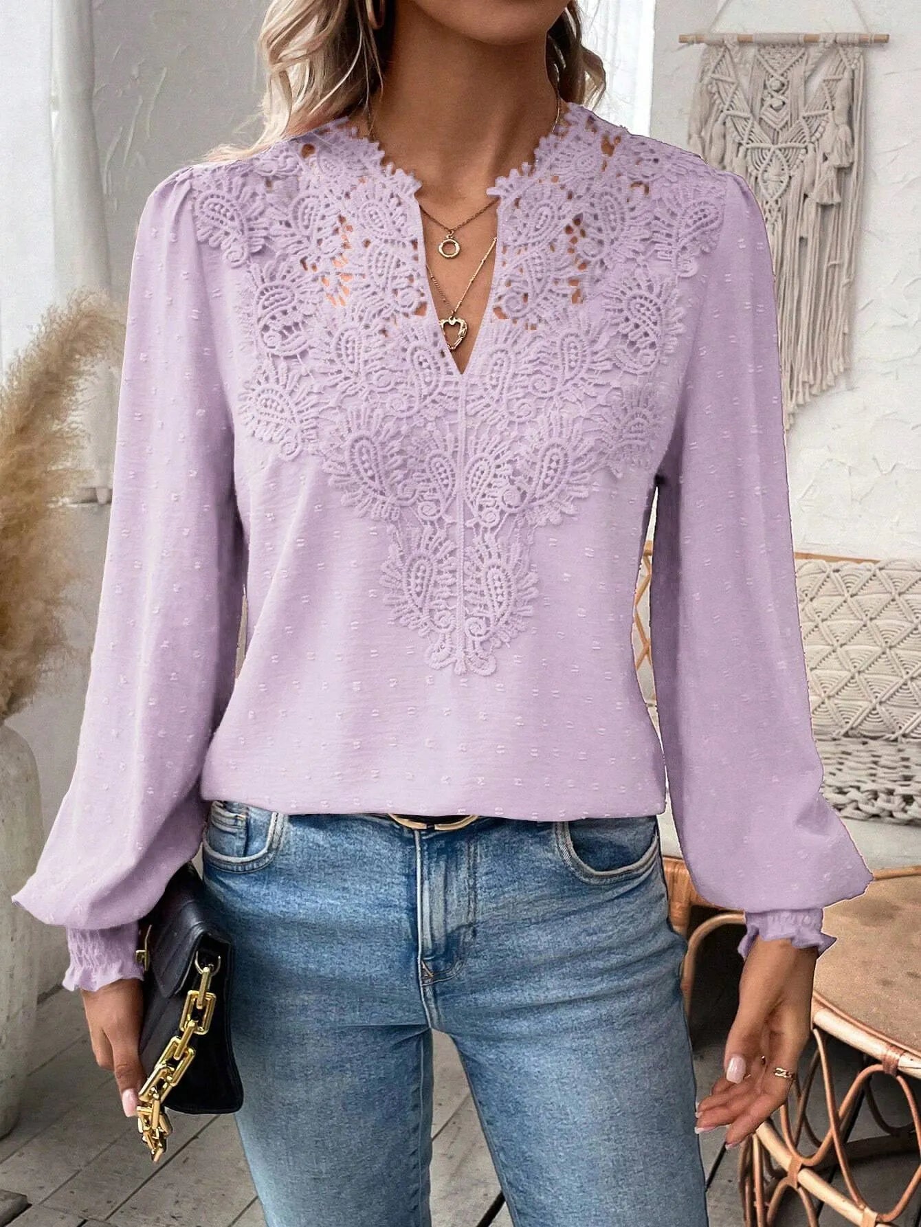 Lace V Neck Puff Sleeve Blouse