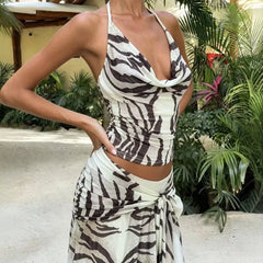 Zebra Print Sleeveless Halter Vest & A-Line Midi Skirt Casual Dress Set