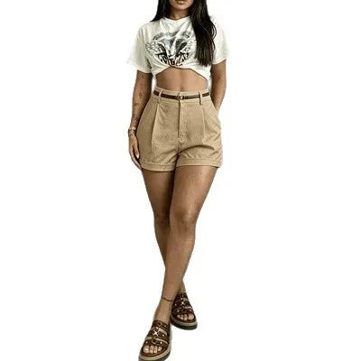 High Waist Solid Color Loose Wide Leg Casual Shorts