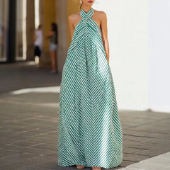 Striped Print Halter Backless Loose A-Line Floor-Length Maxi Dress