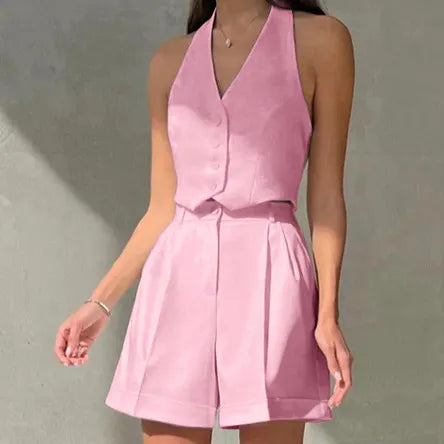 V-Neck Halter Button Crop Vest & Cuffed Pleated Shorts Two Piece Set