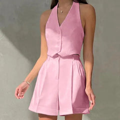 V-Neck Halter Button Crop Vest & Cuffed Pleated Shorts Two Piece Set