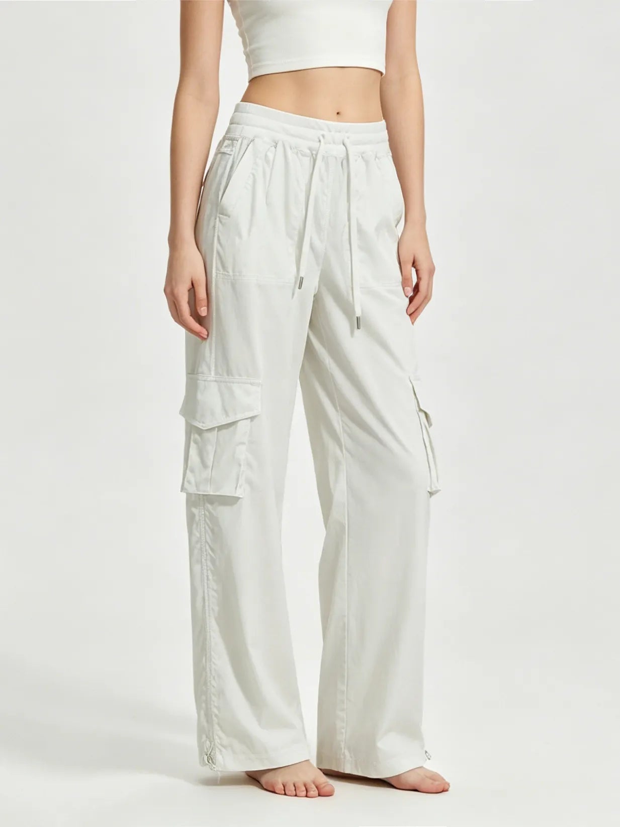 Matching Flowy Linen Look Drawstring Waist Multi Pocket Straight Cargo Street Casual Long Pants