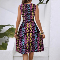 Colorful Leopard Print V-Neck Sleeveless Belted A-Line Midi Dress Casual Campus Daily Dress