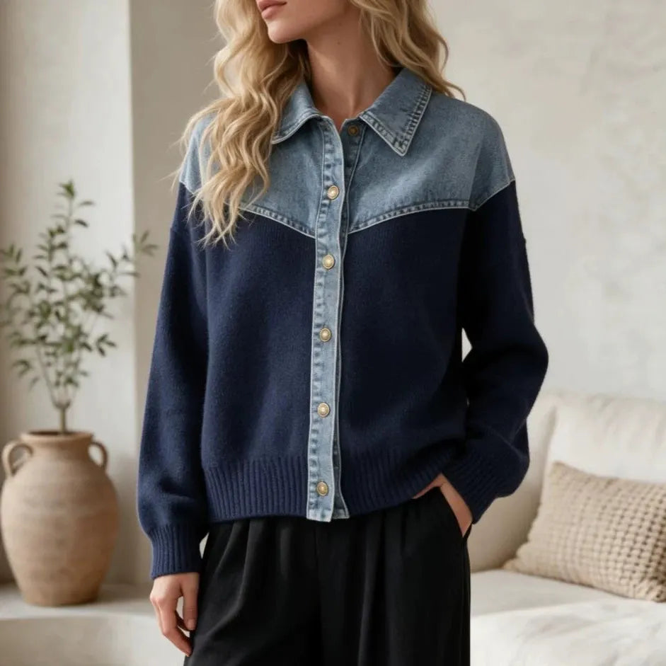 Western Style Denim & Knit Patchwork Sweater, Long Sleeve Button Front Contrast Collar Knit Jacket