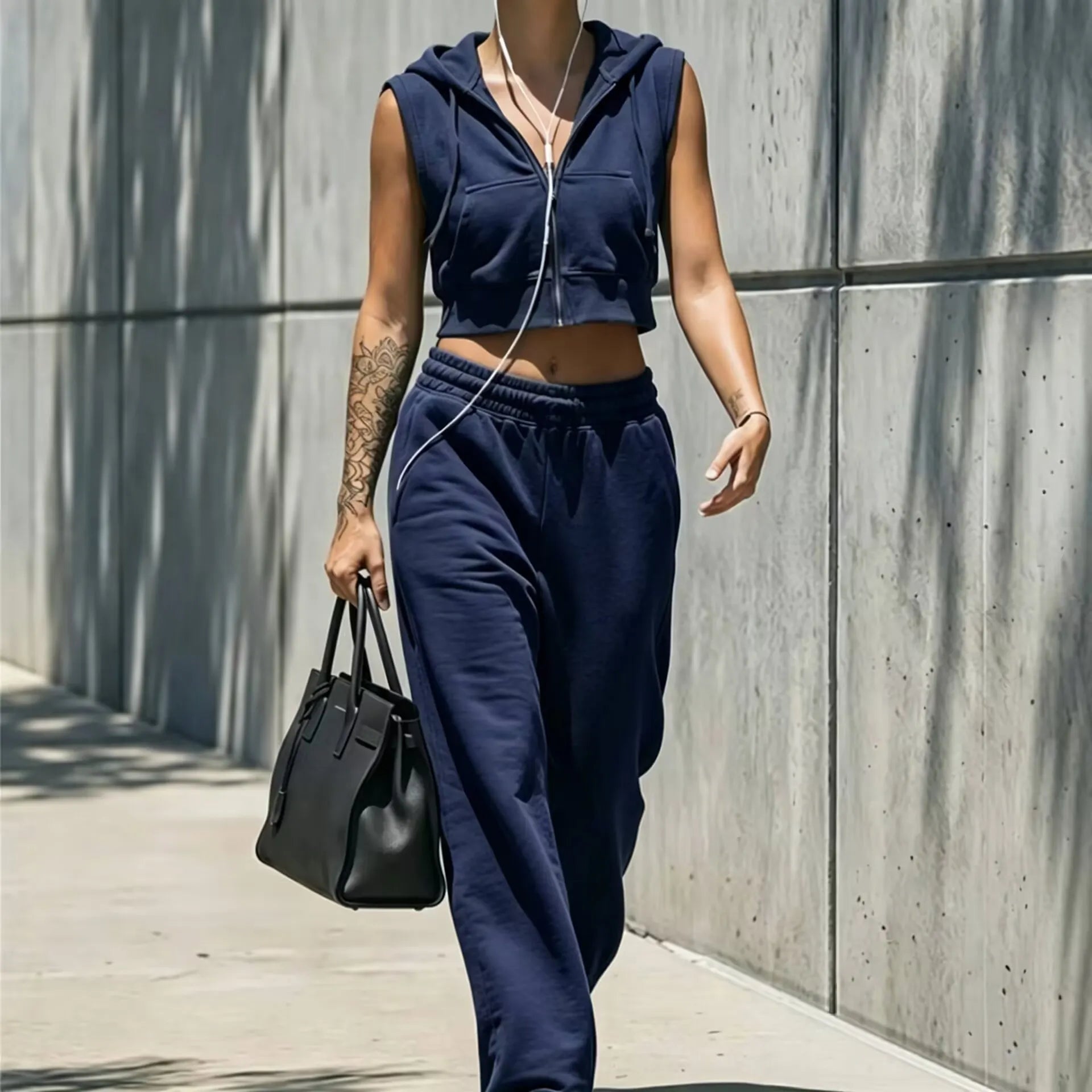Sleeveless Zip Front Knit Vest & Elastic Waist Pants