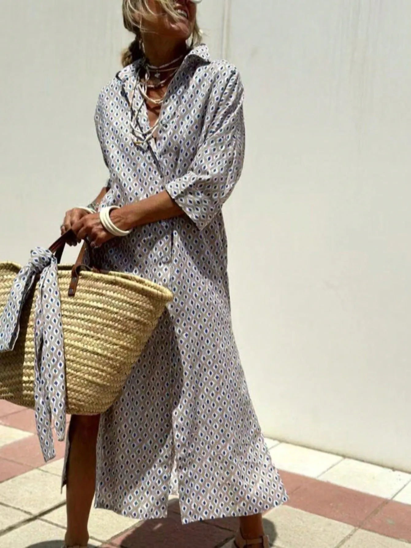 Lapel Five-Quarter Sleeve Printed Loose Maxi Dress Ethnic Travel Shirt Dress