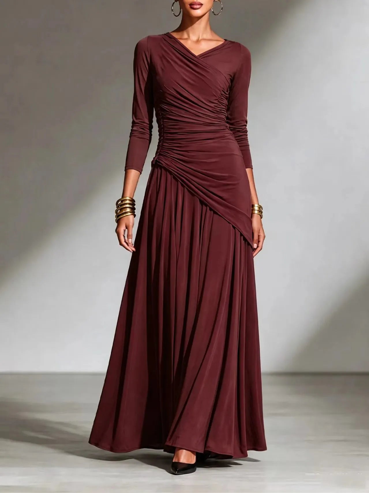 Elegant Long Sleeve Maxi Dress, Surplice V Neck Side Ruched Asymmetrical Flowy Gown
