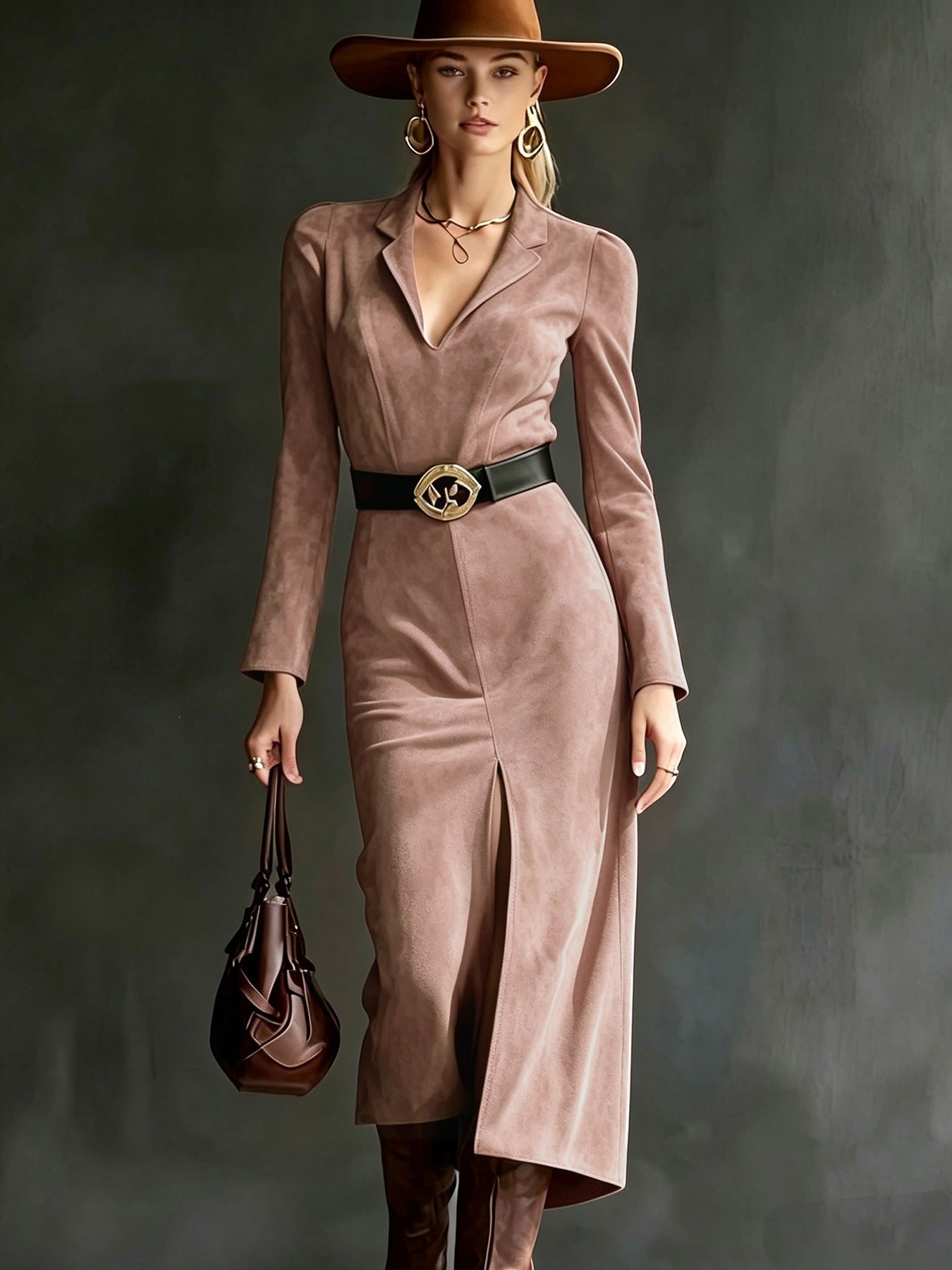 Brown Suede Lapel Long Sleeve Midi Dress With Belt