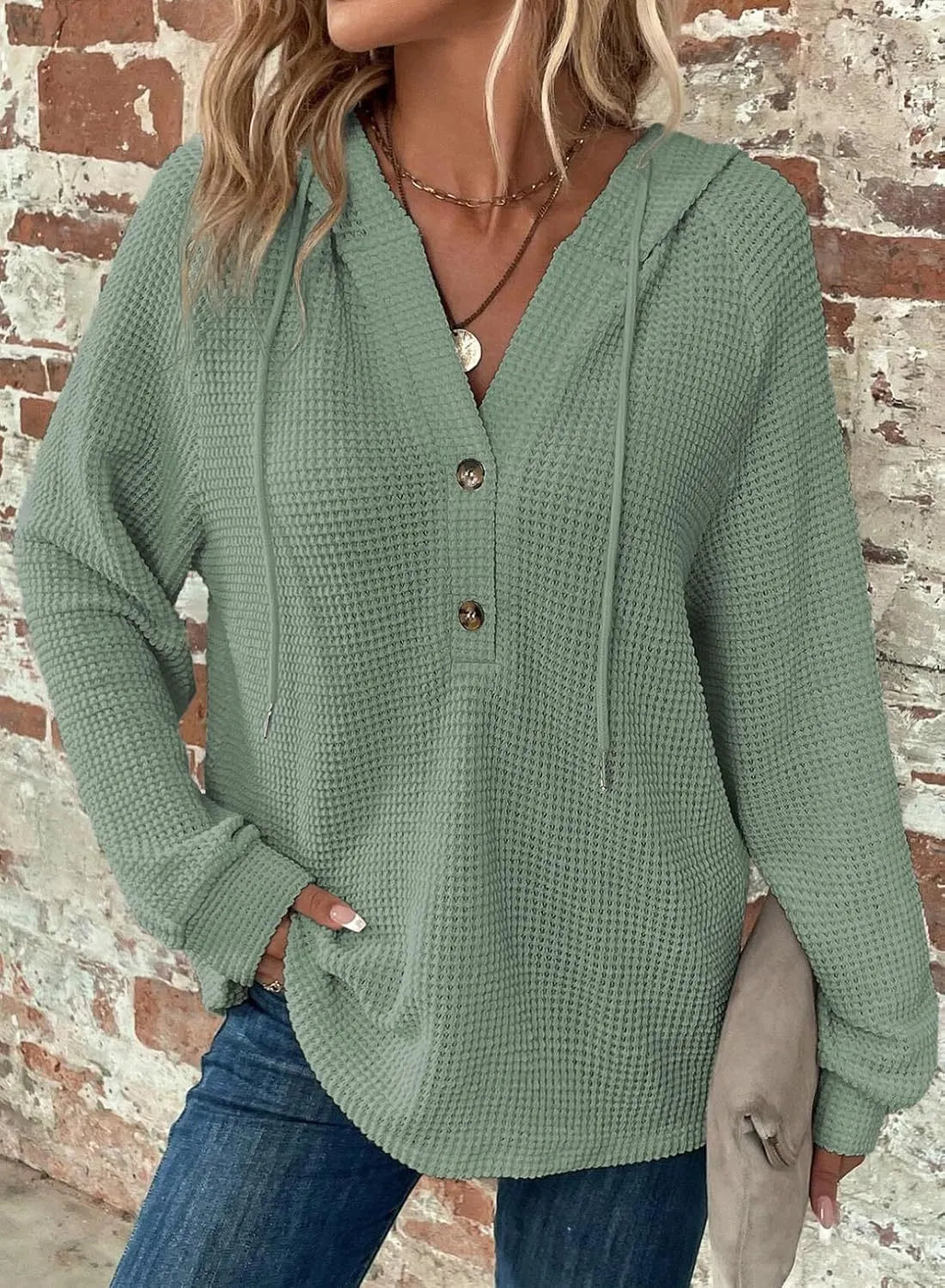 Waffle Knit Hooded Top, V-Neck Button Front Oversized Sweatshirt for Fall