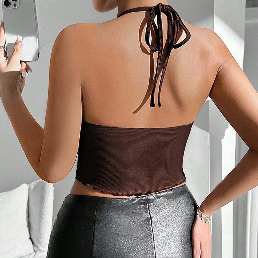 Halter Neck Ribbed Crop Top, Tie-Front Deep V Sleeveless Blouse