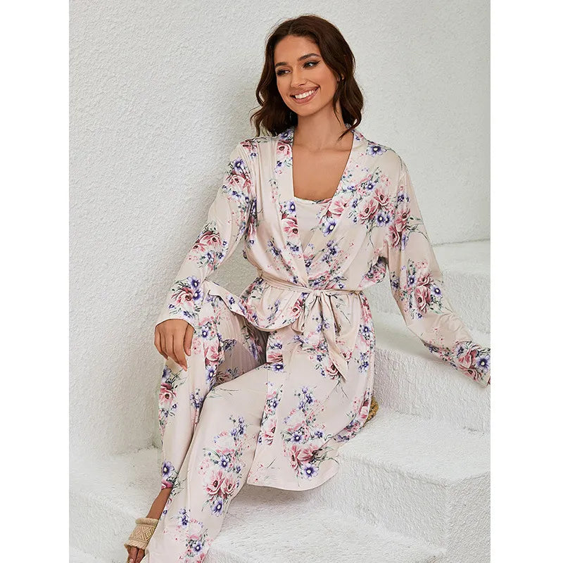 Allover Floral Print 3-Piece Robe Cami Long Pants Loungewear Set