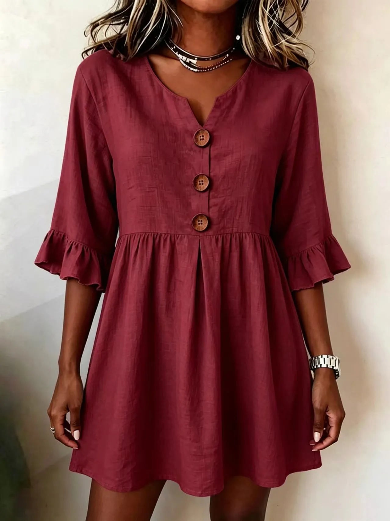 V-Neck Wooden Button Ruffle 3/4 Sleeve Loose Pleated Mini Dress