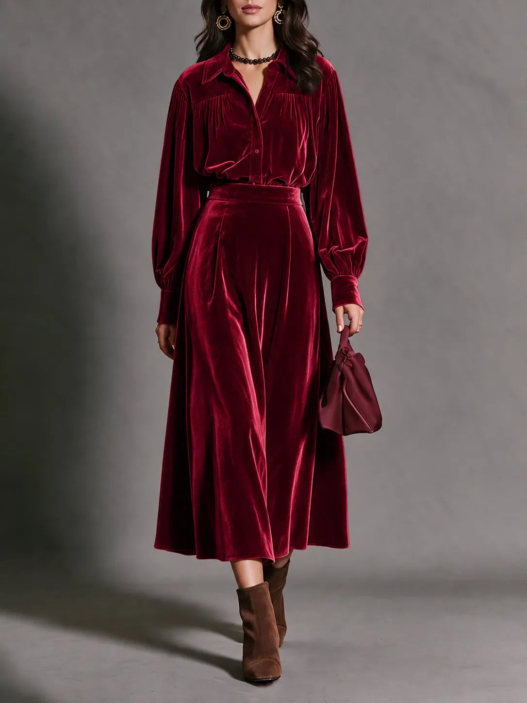 Purple Velvet Matching Set, Puff Sleeve Shirt and Flowy Midi Skirt