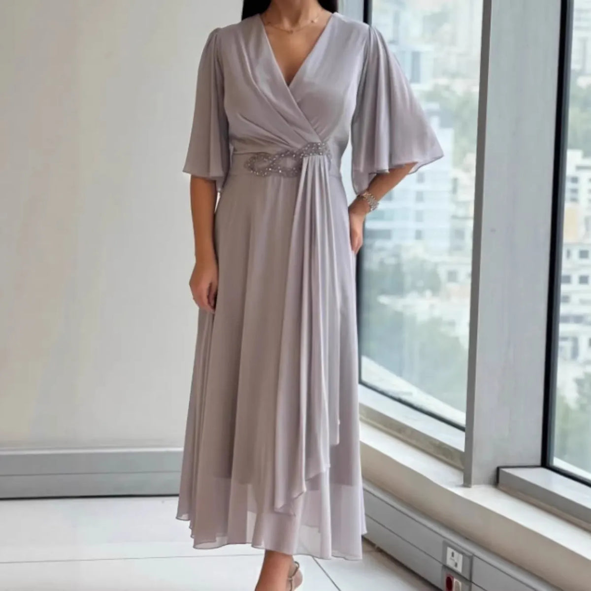 V-Neck Flared Sleeve Wrap Chiffon Maxi Dress