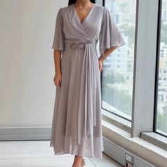 V-Neck Flared Sleeve Wrap Chiffon Maxi Dress
