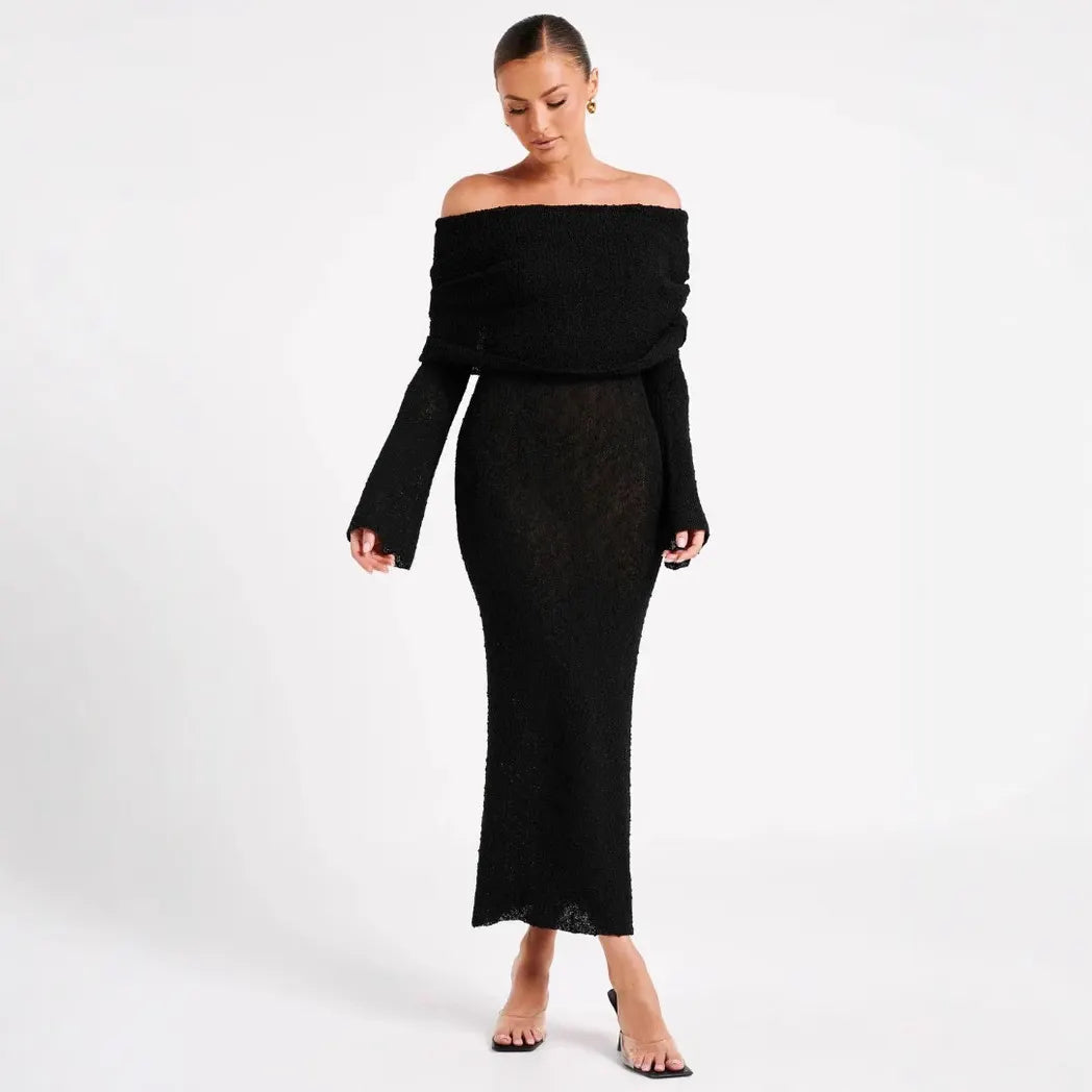 Pink Sequin Off-Shoulder Long Sleeve Midi Dress