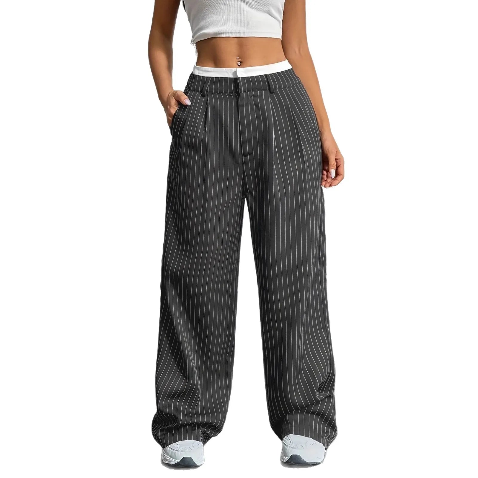 High Waist Striped Loose Wide Leg Suit Pants