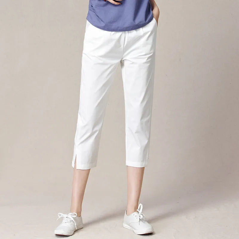 Mid Waist Elastic Waist Split Hem Straight Cropped Commuter Casual Pants