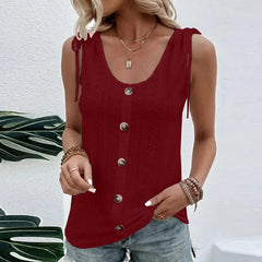 Solid Color Eyelet Embroidered Tie Shoulder Button Down Sleeveless Tank Top