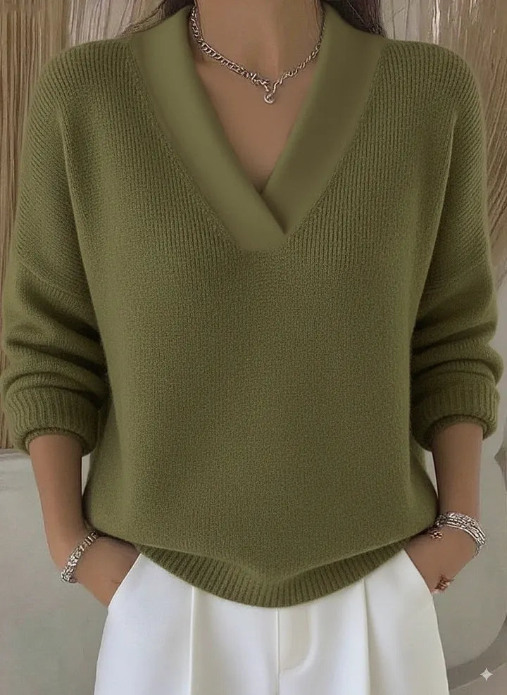 V Neck Solid Color Knit Pullover Sweater